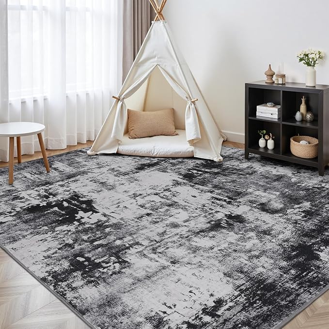Rugflix 4x6 Area Rugs for Living Room, Washable Large Rug Stain-Resistant Low Pile, Modern Dark Carpet for Dining Room Home Office Kid Room Nursery Bedroom, Black Grey