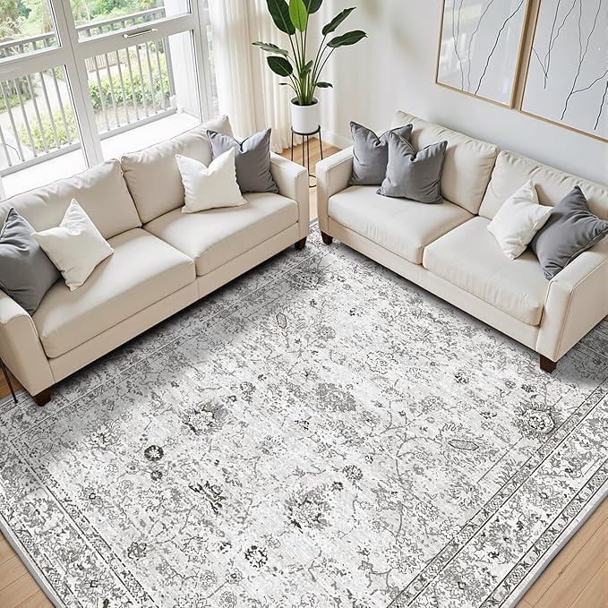 Washable Area Rug 8x10 Gray, Large Soft Rugs for Living Room Floral Grey White Carpet 8x10 Area Rugs for Bedroom Dining Room Non-Slip Stain Resistant Under Table Rug (8 x 10, Grey White)