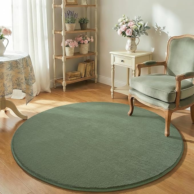 Amearea Sage Green Round Area Rugs 5ft Washable Circle Rugs for Bedroom Living Room, Fluffy Indoor Thickened Memory Foam Rug, Non Slip Minimalist Circular Carpet for Kids Boy Girl Dorm Nursery Room