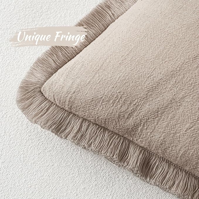 MIULEE Decorative Throw Pillow Covers Neutral Linen Fringe Throw Pillows Set of 2 Natural Linen Boho Farmhouse Cushion Covers with Tassels for Couch Sofa Bed Spring Home Decor 20x20 Inch