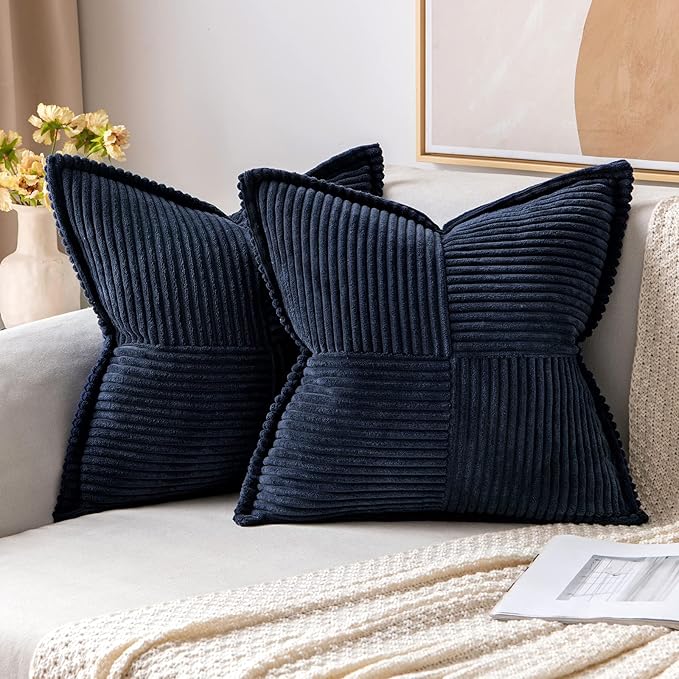 MIULEE Decorative Throw Pillow Covers for Couch Bed Livingroom 16x16 Inch Set of 2 Navy Blue Boho Accent Throw Pllows Broadside Striped Patchwork Soft Corduroy Summer Coastal Pillowcases
