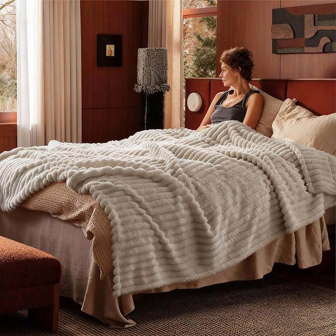 Bedsure GentleSoft Blankets Queen Size for Bed - Cozy Soft Blankets for Women, Cute Large Fleece Throws for Girls, Beige, 90x90 Inches