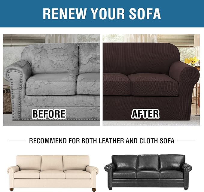 H.VERSAILTEX 4 Piece Stretch Sofa Covers for 3 Cushion Couch Covers for Living Room Furniture Slipcovers (Base Cover Plus 3 Seat Cushion Covers) Upgraded Thicker Jacquard Fabric (XL Sofa, Chocolate)