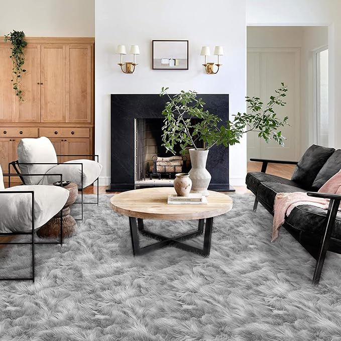 Latepis Area Rugs 10x14 Living Room Washable Rugs Grey Faux Sheepskin Fur Fluffy Rug for Bedroom Fuzzy Shag Rug for Sofa Play Room Entertainment Room, Rectangle