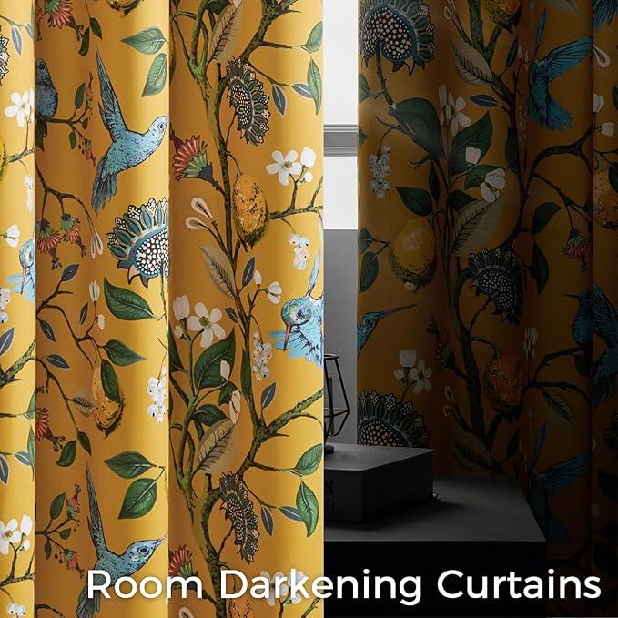 Topfinel 48 Inches Long Short Mustard Yellow Blackout Curtains for Cafe Kitchen, Grommet Room Darkening Luxury Floral Lemon Hummingbird Patterned Waverly Colorful Drapes for Living Room Bedroom