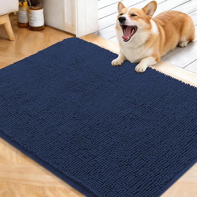 OLANLY Dog Door Mat for Muddy Paws 40x32, Absorbs Moisture and Dirt, Absorbent Non-Slip Washable Doormat, Quick Dry Chenille Mud Mat for Dogs, Entry Indoor Entryway Carpet for Inside Floor, Dark Blue