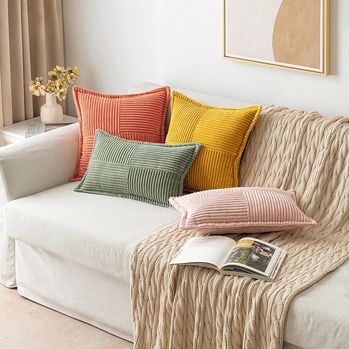 MIULEE Decorative Euro Sham Throw Pillow Covers for Couch Bed Livingroom 24x24 Inch Set of 2 Light Olive Green Boho Accent Throw Pllows Broadside Striped Patchwork Soft Corduroy Summer Pillowcases