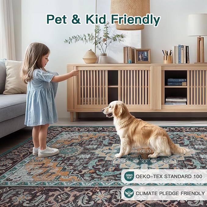 Lofus 5x7 Area Rugs for Living Room, Washable Area Rug, Rugs for Bedroom, Kitchen, Vintage Boho Carpet, Soft Non-Slip, Low Pile Large Area Rug for Office Dining Room, Floral Green
