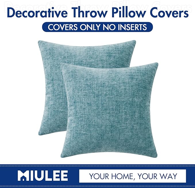 MIULEE Pack of 2 Smoke Blue Throw Pillow Covers 16x16 Inch Soft Chenille Pillow Covers for Sofa Living Room Couch Solid Dyed Cases