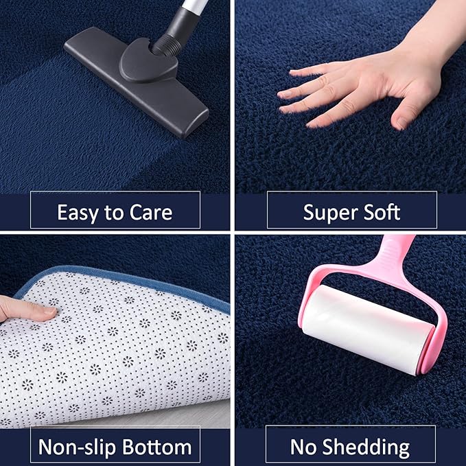 AROGAN Modern Shag Area Rug for Bedroom, 4x6 Feet Washable Rugs for Living Room, Indoor Floor Carpet, Plush Memory Foam Bedside Rugs for Kids Girls Teens Room Low Pile, Navy Blue