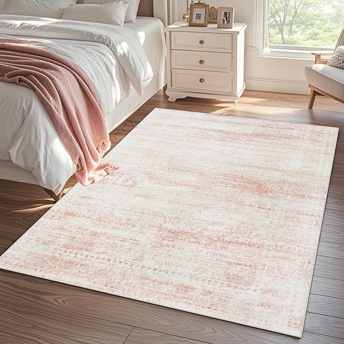 Washable Rugs 5x7 Area Rugs for Living Room,Bedroom,Dining Room- Ultra Soft Faux Wool Nursery Rug for Baby Girl,Neutral Light Pink Low Pile Vintage Carpets for Dorm Kids Playroom,Non Slip