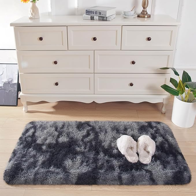 Chicrug Soft Runner Rugs for Bedroom Living Room Plush Fluffy Rug 2x4 Feet, Shag Furry Area Rug Carpet Non Shedding for Nursery Children Kids Girls Room Home Decorative, Grey and Black