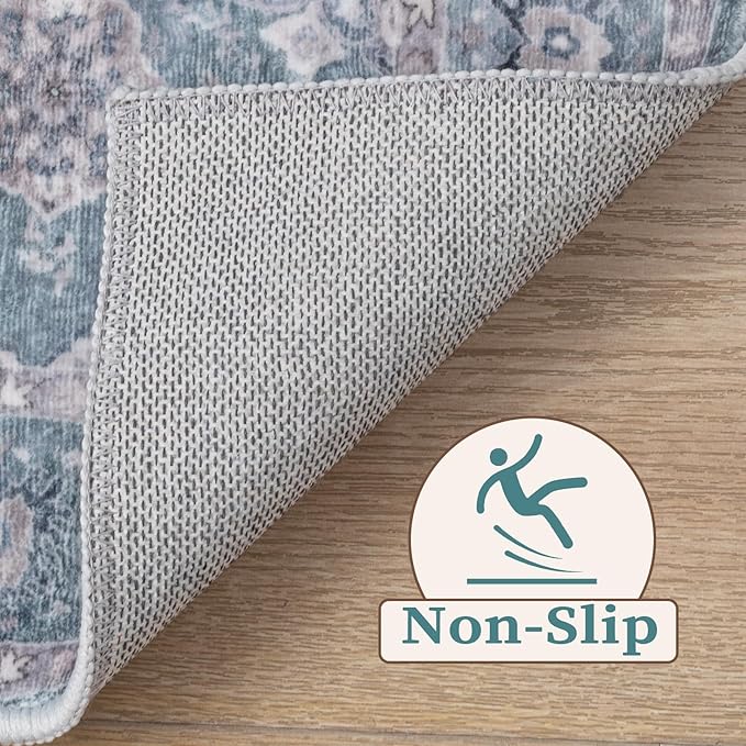 SERISSA Vintage Floral Rugs for Entryway, 2x3 Blue Grey Entryway Rug Non-Slip Washable Small Area Rug, Ultra Soft Boho Low-Pile Indoor Door Mat Floor Carpet for Entrance Bedroom Kitchen Bathroom