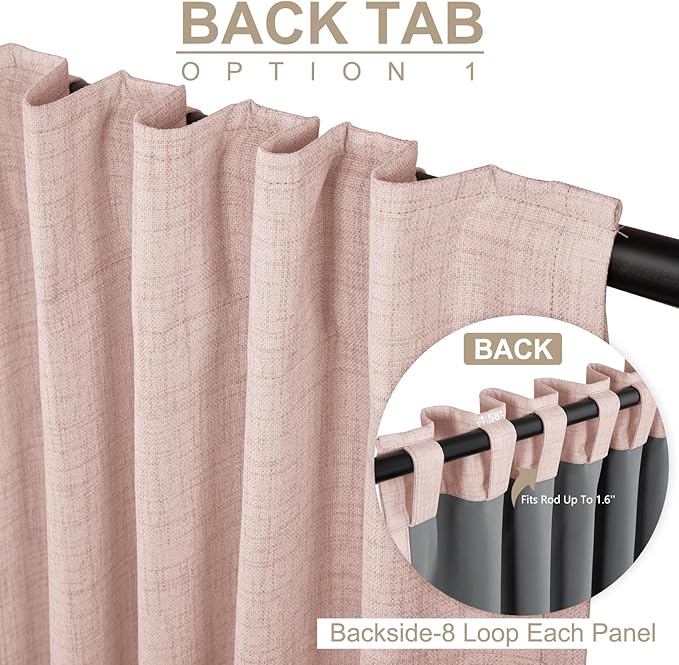 100% Blackout Shield Light Pink Linen Blackout Curtains for Bedroom 84 Inches Long, Back Tab/Rod Pocket Living Room Drapes, Thermal Insulated Blackout Curtains 2 Panels Set, 50" W x 84" L