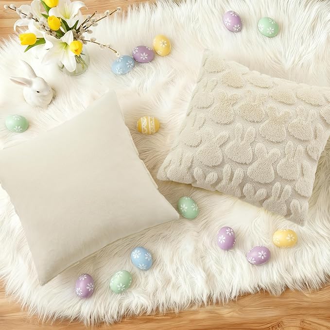 decorUhome Easter Bunny Pillow Covers 18x18 Inch Set of 2, Soft Plush Faux Wool Jacquard Beige Rabbit Cushion Covers, Farmhouse Neutral Spring Easter Holiday Decor for Couch Sofa Bed