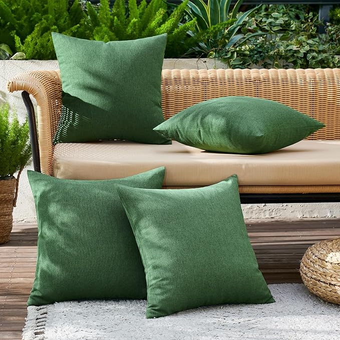 MIULEE Pack of 4 Decorative Solid Waterproof Throw Pillow Covers Linen Garden Farmhouse Cushion Cases for Outdoor Patio Tent Balcony Couch Sofa 16x16 inch Dark Green