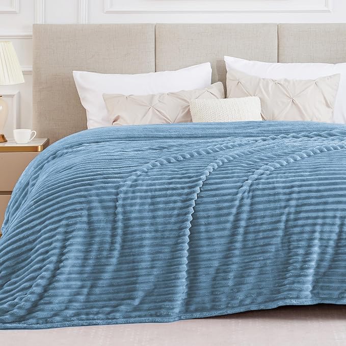 BEDELITE Blankets Queen Size for Bed, 300GSM Soft & Warm Fleece Blanket, Decorative and Giftable Striped Light Blue Blankets for Women, Men, 90"x90"