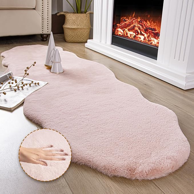 Ashler HOME DECO Ultra Soft Faux Rabbit Fur Chair Couch Cover Area Rug for Bedroom Floor Sofa Living Room Pink 2 x 6 Feet