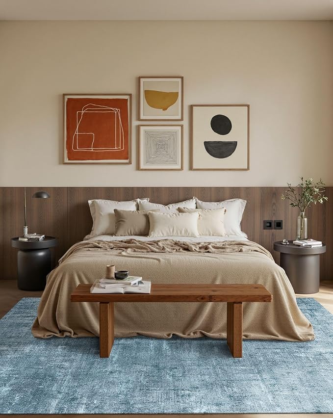 Latte&Fog 5x7 Area Rugs for Living Room Bedroom, Blue Modern Abstract Neutral Washable Rug, Boho Non Slip Low Pile Carpet for Dining Room, Dorm, Classroom, College Dorm, Farmhouse and Kids Room - Blue