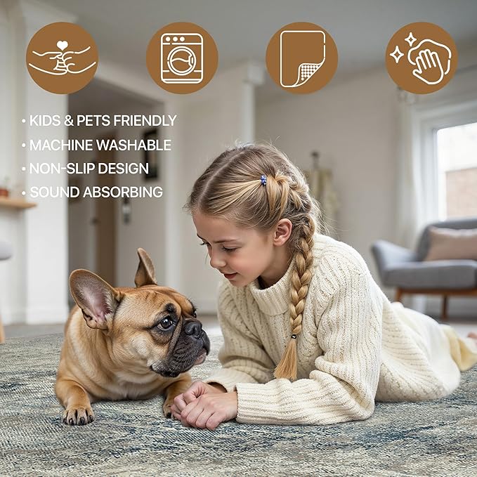 BEIMO Area Rugs 10x12 for Living Room Bedroom, Modern Abstract Machine Washable Rug, Large Soft Low Pile Floor Carpet with Non Slip Backing for Dining Room, Light Gray Blue