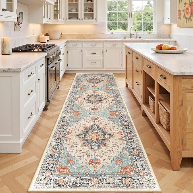 Area Rugs 3'x9' Runner Rug Non Slip Washable for Kitchen Hallway Bedroom Beside Laundry Room Bathroom Rug, Floor Carpet, Beige Navy Blue Orange Colorful