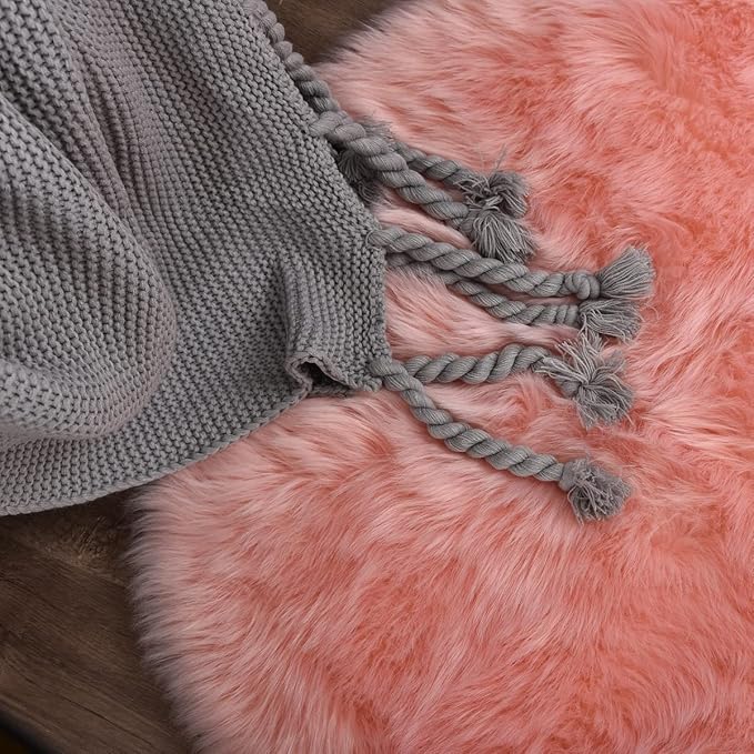 ORINOVA Pink Plush Round Rugs 6ft Large Washable Faux Fur Area Rugs for Living Room Boho Circle Fluffy Sheepskin Fur Rug for Nursery