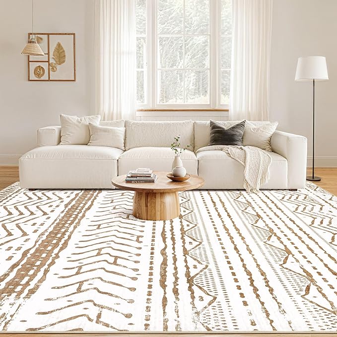 Nakagishi Area Rugs 8x10 Living Room: Washable Boho Large Neutral Soft Farmhouse Rug Stain Resistant Modern Geometric Indoor Floor Carpet for Bedroom Nursery Playroom Office Dining Room- Brown White