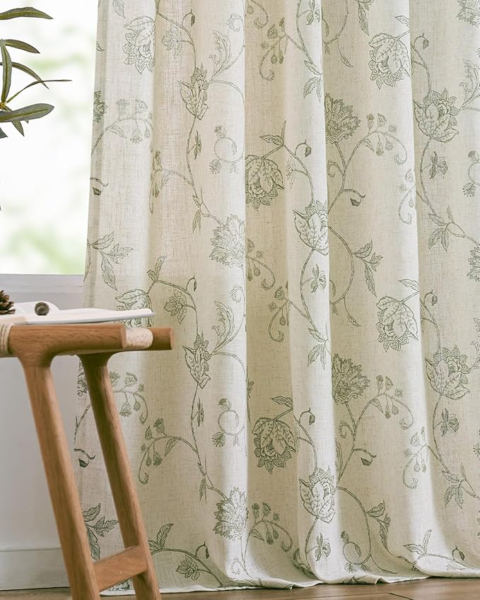 jinchan Linen Curtains Floral Curtain 84 Inch Length for Living Room Bedroom Light Filtering Rod Pocket Back Tab Jacobean Curtains Flax Linen Texture Window Drapes Set 2 Panels Green on Linen