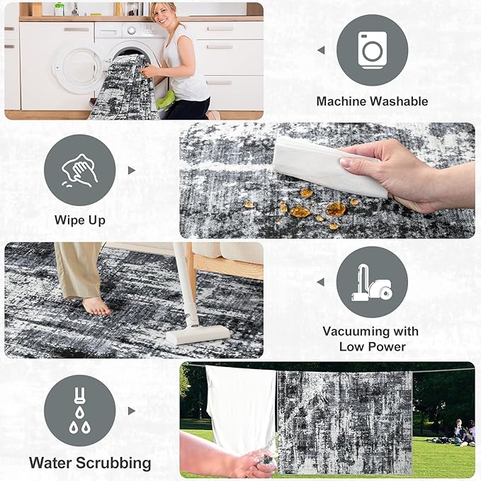 Area Rugs 10x14 Living Room - Washable Rug Modern Abstract Soft Large Neutral Non-Slip Carpet Indoor Floor Thin Carpets for Bedroom Dining Room Farmhouse Nursery Home Office Black