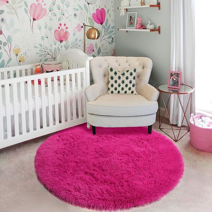 Hot Pink Round Rugs 5Ft for Girls Bedroom, Fluffy Circle Area Rug for Kids Room Decor Aesthetic, Shag Plush Fuzzy Furry Carpet for Living Room, Nursery, Dorm, Classroom, Teen, Cute Princess Baby Rug
