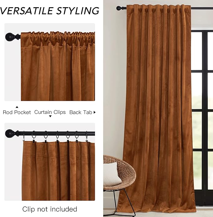 RYB HOME Fall Curtains Burnt Orange Velvet Curtains, Light Blocking, Thermal Insulated, Terracotta Luxury Window Treatment Privacy Backdrops for Bedroom Living Room, 52 inch x 84 inches, 2 Panels