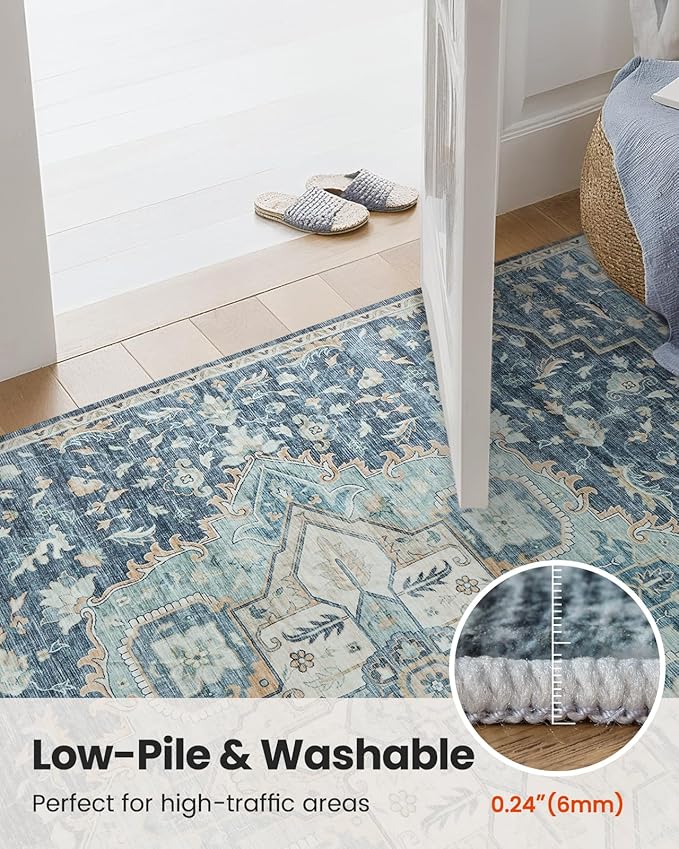 AMADA HOMEFURNISHING 9x12 Washable Area Rug, Low-Profile Large Area Rug with Non-Slip Backing & Durable Edge Binding, Vintage Large Rugs for Living Room, Bedroom & Dining Room