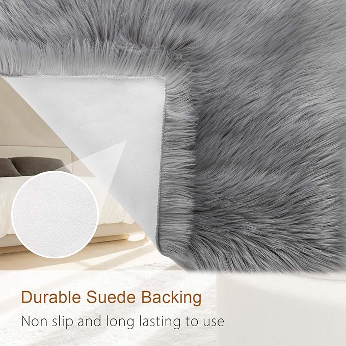 LOCHAS Soft Fluffy Faux Fur Rugs for Bedroom Bedside Rug 2x4 Feet, Washable, Furry Sheepskin Area Rug for Living Room Girls Room, Luxury Shag Carpet Home Decor, Grey