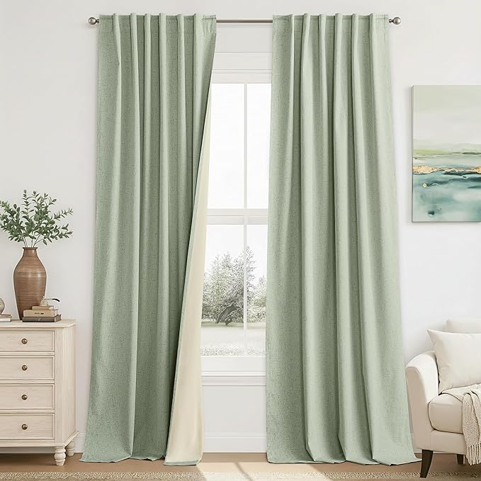 RYB HOME 100% Blackout Sage Green Linen Curtains, Light & Heat Blocking Thermal Privacy Protection Neutral Window Drapes for Living Room Bedroom, 52" W x 96" L, 2 Panels Set
