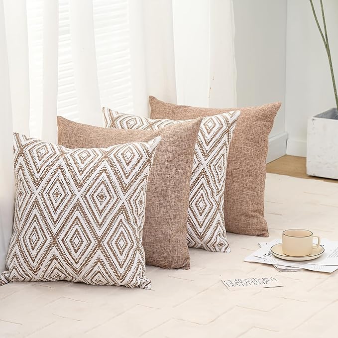 HPUK Decorative Throw Pillow Covers Set of 4 Geometric Design Linen Cushion Cover for Couch Sofa Living Room, 20"x20" inches, Light Brown