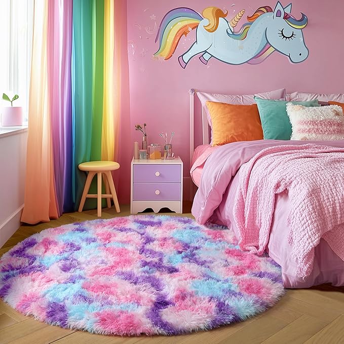 Amdrebio Hot Pink Rainbow Round Circle Area Rug 5Ft for Girls Bedroom, Fluffy Cute Fuzzy Colorful Pastel Kids Rugs for Nursery Playroom Classroom, Unicorn Shag Princess Carpet for Baby Toddler Teen