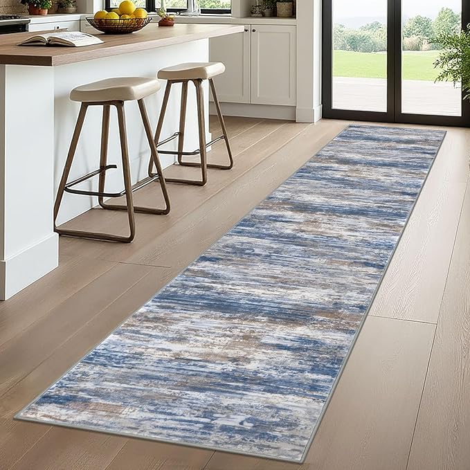 KOZYFLY Modern Abstract Hallway Runner, 2x10 Washable Rug Runner Non-Slip Soft Striped Kitchen Runner Rug, Blue Rust Print Carpet for Entryway Bathroom Laundry Room Foyer