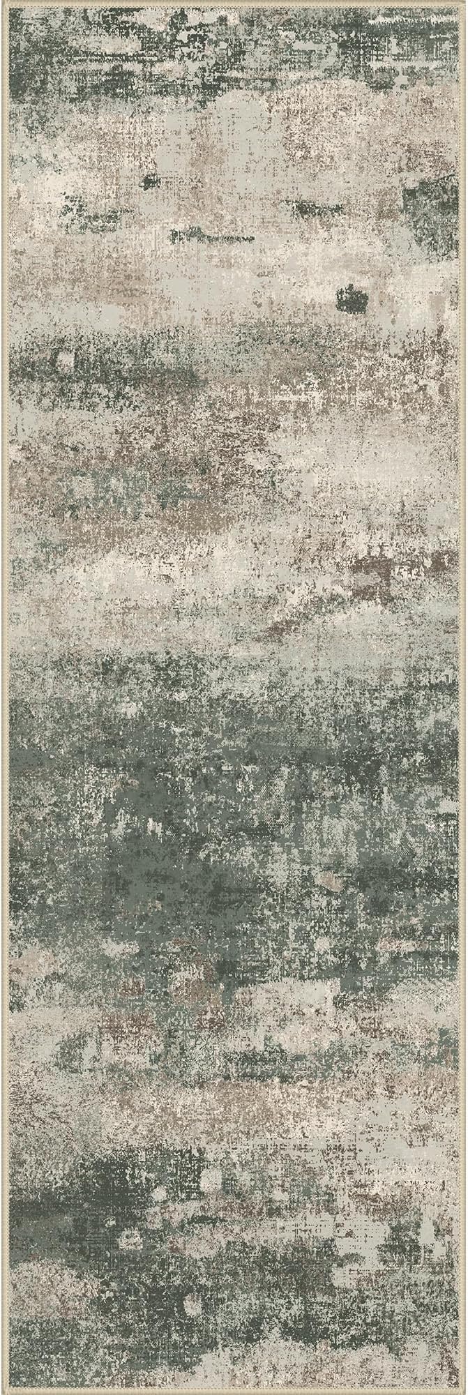 Runner Rug for Hallway Kitchen, 2'6"x6' Machine Washable Runners Rug for Entryway, Soft Modern Abstract Throw Rugs, Low Pile Floor Cover with Non Slip Backing, Grey/Dark Green