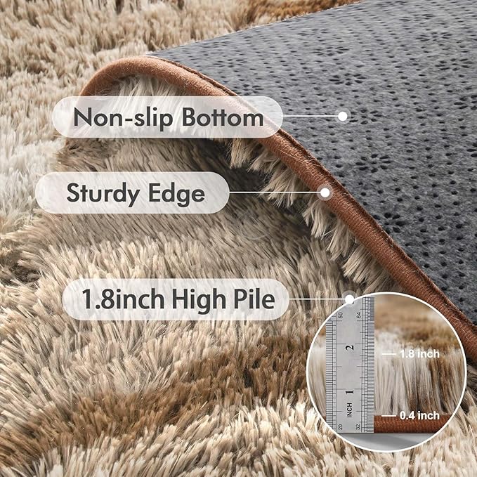 4x6 Ft Shag Area Rug for Bedroom Living Room, Tie-Dyed Ultra Soft Fluffy Furry Rugs for Indoor Floor, Aesthetic Carpet for Kids Home Decor (Khaki)