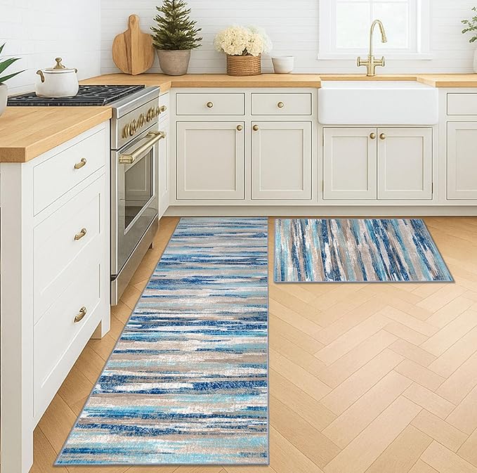 Lansny Modern Abstract Kitchen Rug Set of 2, 2x3 and 2x6 Blue Washable Rug Runner Non Slip Kitchen Mat, Soft Faux Wool Throw Carpet for Entryway, Hallway, Bedroom, Bedside, Laundry Room, Office