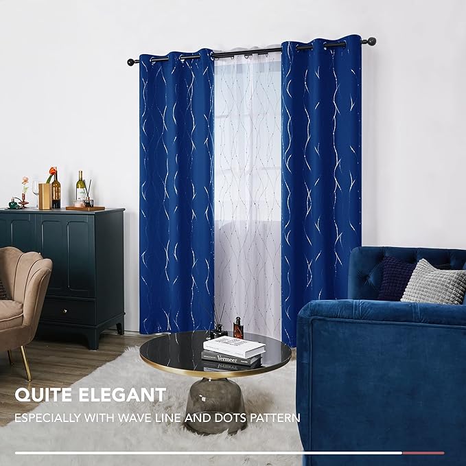 Deconovo Blackout Curtains, 38 x 84 Inch Drapes for Living Room with Wave Dots Silver Print, Soundproof Thermal Insulated Window Curtain for Bedroom Nursery, Set of 2, Machine Washable, Royal Blue