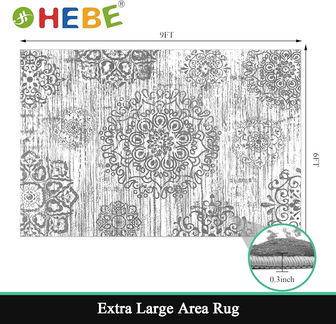 HEBE Washable Area Rug 6'x9' Non Slip Soft Distressed Medallion Bedroom & Living Room Rugs Vintage Entry Floor Carpet for Dining Room Bathroom Entryway