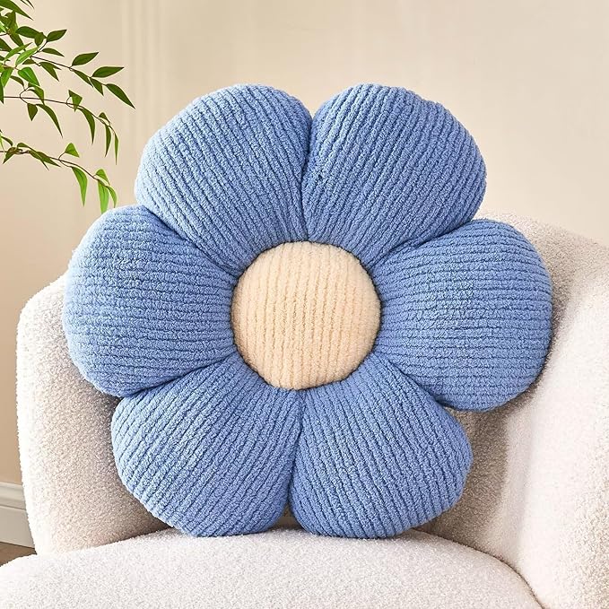 Throw Pillow, Blue Daisy Flower Shape Floor Cushion, 17.7 Inch