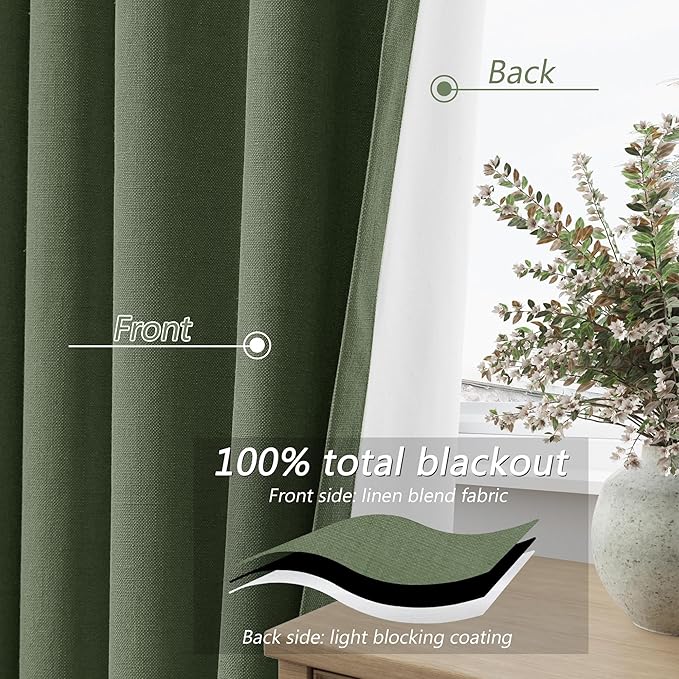 Guken Olive Green 100% Blackout Curtains 90 Inch Length 2 Panels Set for Living Room Bedroom Back Tab Thermal Insulated Black Out Linen Drapes Room Darkening Window Curtains 90 Inches Long