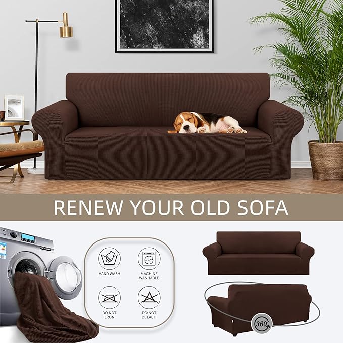 KEKUOU Stretch Sofa Cover Slipcover ，Couch Covers for 3 Cushion Couch Sofa pet Friendly (78"-94") Furniture Protector Sofa with Elastic Bottom for Kids,Dog, Jacquard Small Checked(Large,Chocolate)