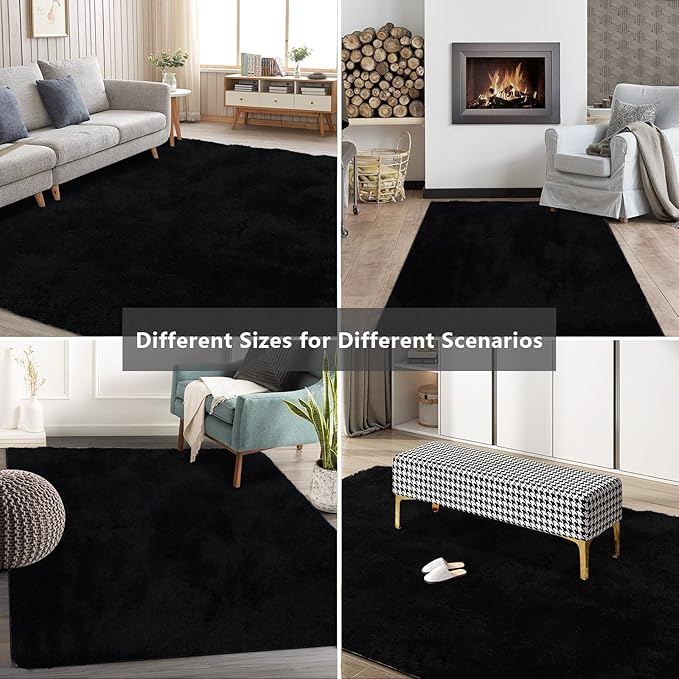 9X12 Large Shag Area Rugs for Living Room Bedroom,Big Soft Fluffy Rug for Bedroom Dorm, Indoor Carpet Nursery Rugs for Kids Girls Room Home Decor (Black, 9X12 Feet)