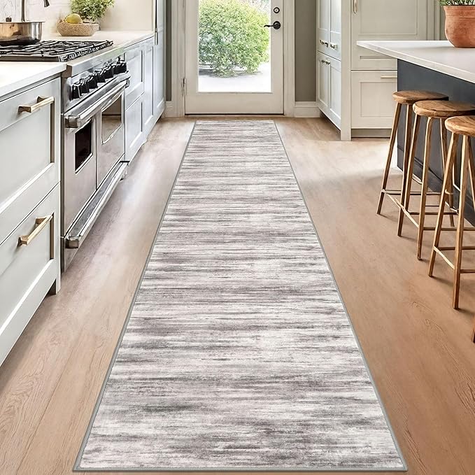 KOZYFLY Modern Abstract Hallway Runner, 2x12 Washable Rug Runner Non-Slip Soft Striped Kitchen Runner Rug, Grey/Light Beige/Brown Print Carpet for Entryway Bathroom