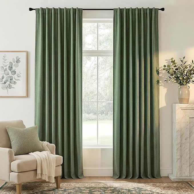 RYB HOME Forest Green 100% Blackout Linen Curtains 96 Length 52 Width, Privacy Assurd & Thermal Insulated Drapes for Bedroom/Sliding Door, Rod Pocket&Back Tab Modern Fashion Style, 2 Panels