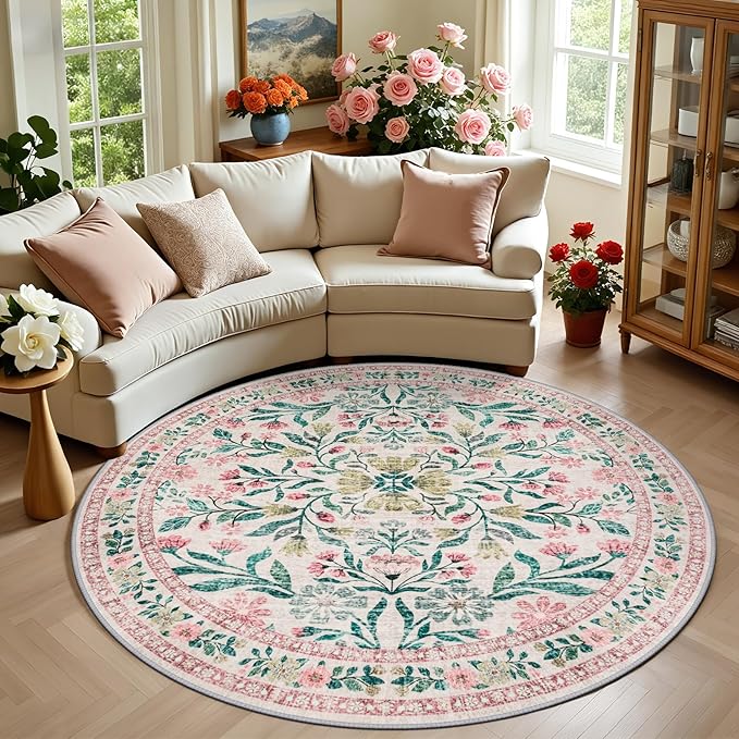 Round Area Rug for Living Room: 6 ft Floral Washable Circle Rug Soft Boho Non-Slip Carpet Indoor Stain Resistant Low Pile Small Circular Rug for Bedroom Entryway Kitchen Nursery Home Office Pink Green