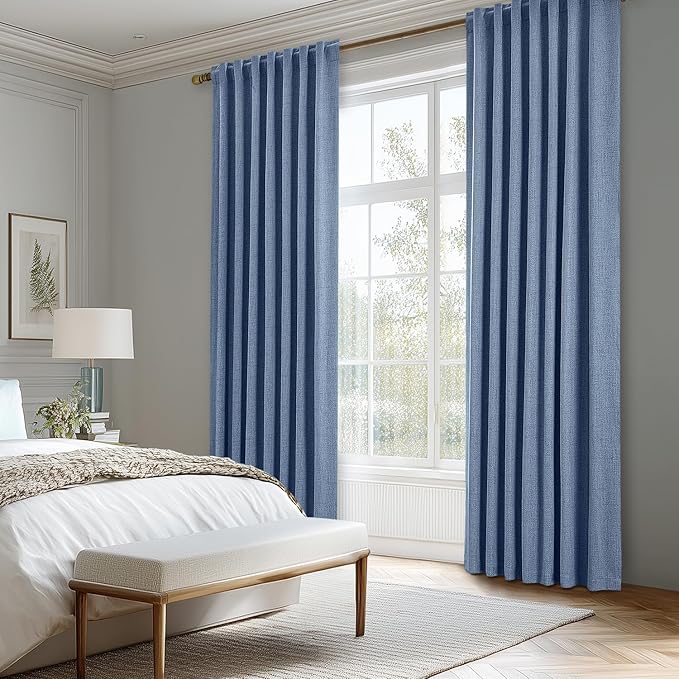 MIULEE 100% Blackout Linen Curtains for Bedroom, Blue Solid Luxury Decor Thermal Insulation Room Darkening Drapes for Living Room Nursery Back Tab Rod Pocket 42 x 96 Inches, 2 Panels